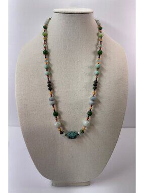 Artisan Mixed Gemstone Necklace Jade Aquamarine Ruby Zoisite Turquoise 27”